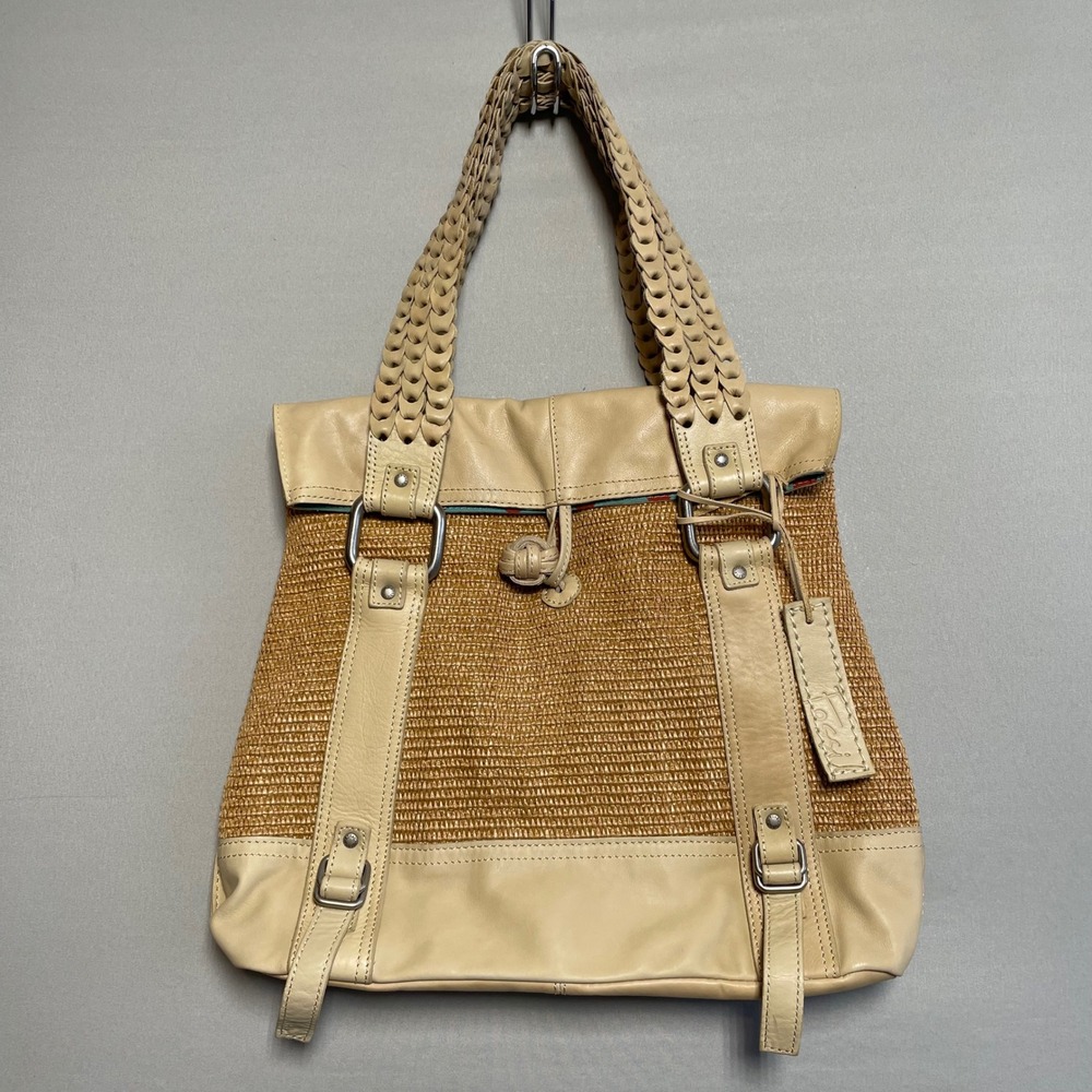 Fossil Straw Leather Tote Bag Beige Woven Shoulder Bag Boho Designer‎